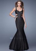Picture of: Long Mermaid Gown with Polka Dot Lace Overlay in Black, Style: 20813, Main Picture