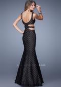 Picture of: Long Mermaid Gown with Polka Dot Lace Overlay in Black, Style: 20813, Back Picture