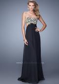 Picture of: Strapless Chiffon Gown with Metallic Lace Top and Slits in Black, Style: 20819, Main Picture