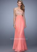 Picture of: Strapless Chiffon Gown with Metallic Lace Top and Slits in Coral, Style: 20819, Detail Picture 1