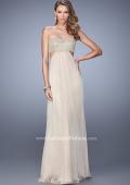 Picture of: Strapless Chiffon Gown with Metallic Lace Top and Slits in Nude, Style: 20819, Detail Picture 3
