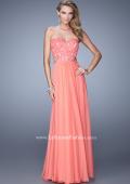 Picture of: Long Sweetheart Neck Gown with Lace Appliques and Belt in Coral, Style: 20822, Main Picture
