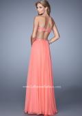 Picture of: Long Sweetheart Neck Gown with Lace Appliques and Belt in Coral, Style: 20822, Back Picture