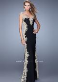 Picture of: Long Jersey Dress with Lace and Small Cap Sleeves in Black Gold, Style: 20895, Detail Picture 1