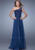 Picture of: Long One Shoulder Chiffon Dress with Sheer Strap and Back in Navy, Style: 20907, Detail Picture 2