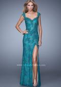 Picture of: Lace Prom Dress with Sheer Lace Cap Sleeves in Teal, Style: 20914, Detail Picture 2