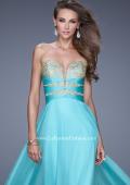 Picture of: Long Chiffon Gown with Embroidered Bodice with "X" Back in Aqua, Style: 20921, Detail Picture 6
