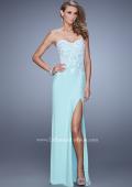 Picture of: Strapless Jersey Dress with Slit and Beaded Lace Fade in Aqua, Style: 20923, Main Picture
