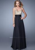 Picture of: Long Chiffon Prom Dress with Gathered Waist and Beading in Black Gold, Style: 20932, Main Picture