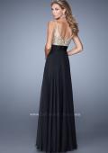 Picture of: Long Chiffon Prom Dress with Gathered Waist and Beading in Black Gold, Style: 20932, Back Picture