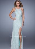 Picture of: Long Beaded Lace Gown with High Neckline and Cut Outs in Aqua, Style: 20933, Detail Picture 1