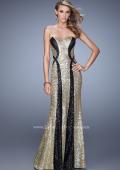 Picture of: Floor Length Strapless Gown with Pearls and Sequins in Gold Black, Style: 20987, Main Picture