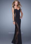 Picture of: Cap Sleeve Long Jersey Dress with Polka Dot Lace in Black, Style: 20989, Main Picture