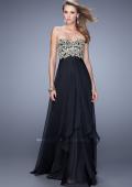 Picture of: Strapless Chiffon Gown with Tiered Skirt and Beading in Black, Style: 20994, Detail Picture 5