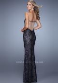 Picture of: Long Beaded Lace Gown with Sheer Illusion Sides in Blue, Style: 20999, Back Picture