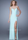 Picture of: Deep V Jersey Dress with Sheer Illusion Netting in Aqua, Style: 21020, Main Picture