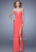 Picture of: Deep V Jersey Dress with Sheer Illusion Netting in Coral, Style: 21020, Detail Picture 1