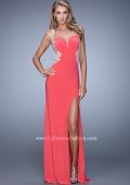 Picture of: Long Prom Dress with Sheer Metallic Embroidery in Coral, Style: 21024, Detail Picture 3