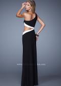 Picture of: Bold One Shoulder Prom Dress with Contrasting Trim in Black, Style: 21029, Back Picture
