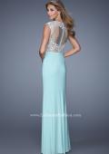 Picture of: Long Jersey Prom Gown with Embroidery Accents in Mint, Style: 21065, Back Picture