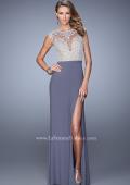 Picture of: Long Jersey Prom Gown with Embroidery Accents in Gray, Style: 21065, Detail Picture 1
