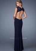 Picture of: Long Cap Sleeve Gown with Cut Outs and Jeweled Lace in Black, Style: 21082, Back Picture