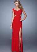 Picture of: Long Cap Sleeve Gown with Cut Outs and Jeweled Lace in Red, Style: 21082, Detail Picture 2