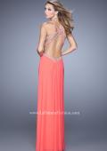 Picture of: Elegant Embroidered Long Gown with Sheer Overlay in Coral, Style: 21101, Detail Picture 1