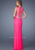 Picture of: Long Jersey Prom Gown with Low V Neck and Rhinestones in Hot Pink, Style: 21112, Back Picture