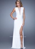 Picture of: Long Jersey Prom Gown with Low V Neck and Rhinestones in White, Style: 21112, Detail Picture 2