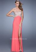 Picture of: Metallic Embroidered Prom Dress with Sheer Back in Coral, Style: 21113, Main Picture