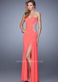 Picture of: Glam Prom Dress with Sheer Cut Outs and Embroidery in Coral, Style: 21115, Detail Picture 1
