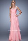 Picture of: Long Chiffon Prom Gown with Sheer Embroidered Straps in Coral, Style: 21130, Detail Picture 1