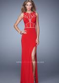 Picture of: Sleeveless Prom Dress with Geometric Patterned Bodice in Red, Style: 21141, Main Picture