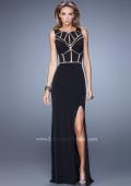 Picture of: Sleeveless Prom Dress with Geometric Patterned Bodice in Black, Style: 21141, Detail Picture 1