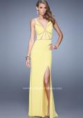 Picture of: Fitted Geometric Prom Dress with V Neck and Slit in Yellow, Style: 21142, Detail Picture 1