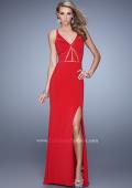 Picture of: Fitted Geometric Prom Dress with V Neck and Slit in Red, Style: 21142, Detail Picture 2