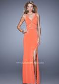 Picture of: Fitted Geometric Prom Dress with V Neck and Slit in Orange, Style: 21142, Detail Picture 3