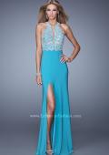 Picture of: Long Halter Jersey Prom Dress with Beaded Embroidery in Aqua, Style: 21168, Main Picture