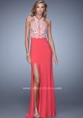 Picture of: Long Halter Jersey Prom Dress with Beaded Embroidery in Coral, Style: 21168, Detail Picture 2