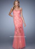 Picture of: Long Lace Dress with Sheer Tulle Skirt and Beaded Lace in Coral, Style: 21174, Detail Picture 2