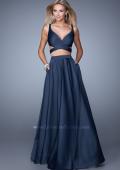 Picture of: Two Piece Satin Prom Dress with Pleats and Pockets in Navy, Style: 21178, Main Picture