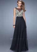 Picture of: Embroidered Bodice Long Prom Gown with Scoop Neck in Black, Style: 21182, Detail Picture 4