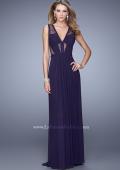 Picture of: V Neck Jersey Gown with Ruched Trim and Sheer Lace in Plum, Style: 21188, Detail Picture 1