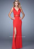Picture of: Lace Trim Prom Gown with V Neckline and Sheer Detail in Red, Style: 21195, Main Picture