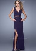 Picture of: Lace Trim Prom Gown with V Neckline and Sheer Detail in Purple, Style: 21195, Detail Picture 1