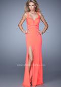 Picture of: Side Slit Jersey Prom Dress with Mesh Detailing in Coral, Style: 21220, Main Picture