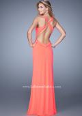 Picture of: Side Slit Jersey Prom Dress with Mesh Detailing in Coral, Style: 21220, Back Picture