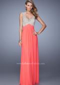 Picture of: Glam V Neckline Prom Dress with Metallic Embroidery in Coral, Style: 21223, Detail Picture 1