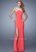 Picture of: Sheer Halter Prom Dress with Metallic Embroidery in Coral, Style: 21255, Main Picture